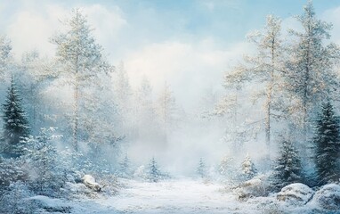 White snow, foggy pine forest, blue sky - a photography backdrop for a cake smash or digital art