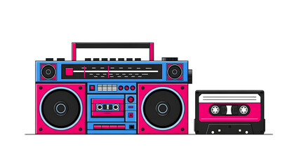 Obraz premium Retro Boombox with Cassette Tape Illustration: Vintage Music Player, 80s Nostalgia, Audio Technology, Entertainment