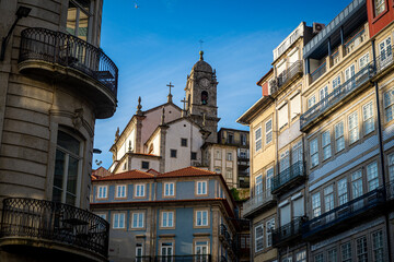 Tightly pack traditional building facades in Porto, Portugal