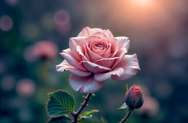 Close view of a pink rose with a bud in a garden during early evening light