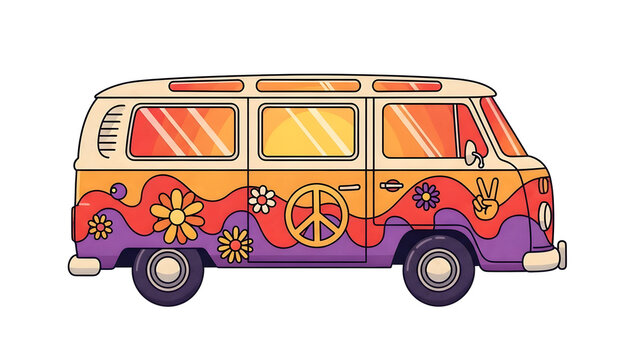 Vintage Hippie Van Illustration with Colorful Flower Power Design and Peace Symbol, Groovy Retro Vehicle with Psychedelic Style and Summer Vibes