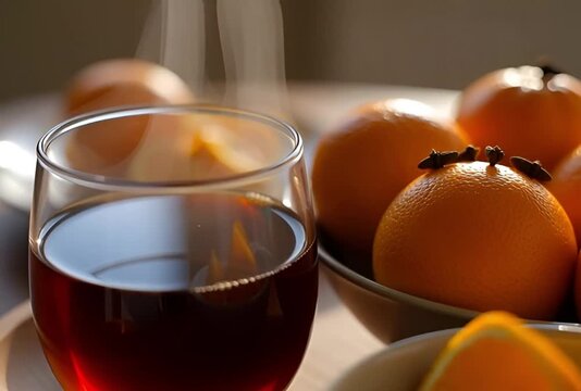 Steaming hot beverage next to clove studded orange pomander ball
