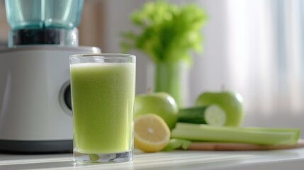 Refreshing green juice in a glass, featuring a vibrant blend of detoxifying celery, apple, lemon, and cucumber on a kitchen counter.