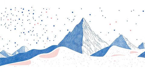 Winter background with snow-capped mountains, simple flat vector style, simple shapes, blue color palette