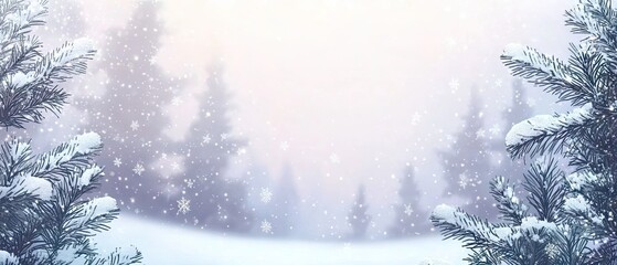 Dreamy winter landscape with snow-covered evergreen trees gently fading into a soft pastel pink and blue misty horizon, while delicate snowflakes drift through the calm air