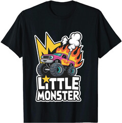 Monster Truck Cartoon Kids T-Shirt Design, Fire Flame Monster Truck Off-Road Graphic
