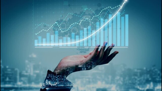 A creative representation of data analysis featuring a hand supporting a growth chart with digital elements, highlighting progress, innovation, and urban development. Copula