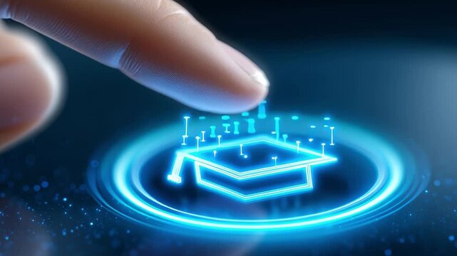 Human finger slowly approaches and taps a glowing blue digital graduation cap icon as the circular interface animates with subtle pulses, emphasizing modern online education technology interaction