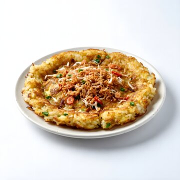 portrait of kerak telor on white background, noise-free crisp texture.