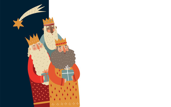 Three Wise Men Christmas with gifts. Falling Star of Bethlehem. Epiphany Three Kings Day, Biblical nativity art for seasonal holiday gards. Religious festive graphics, vector illustration banner.