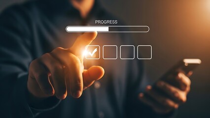 Man interacting with digital progress bar on smartphone screen in dark environment