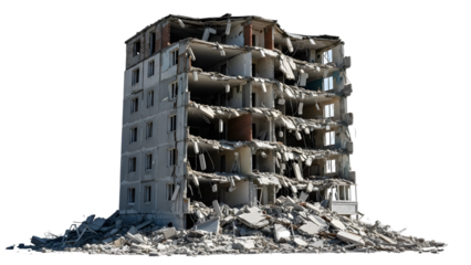 Partially demolished multi-story concrete apartment building with debris pile at base isolated on a transparent background