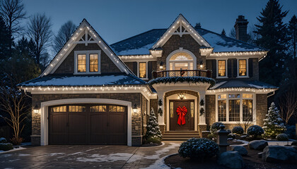 Beautiful home decorated with christmas lights and a red bow at night in a winter landscape