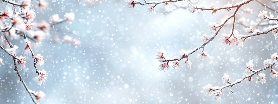 Winter snow background with blurred branches and flowers, with copy space