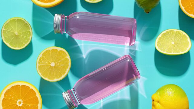 Two purple drink bottles slowly shift position across frames while surrounded by lemons, limes and oranges arranged on a bright blue surface forming a colorful top-view composition
