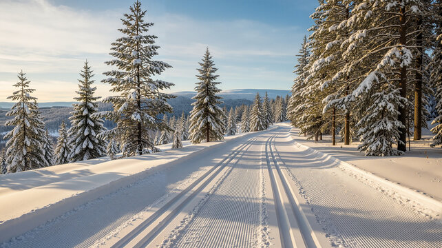 Snowy winter road with pine trees under blue sky at sunrise  