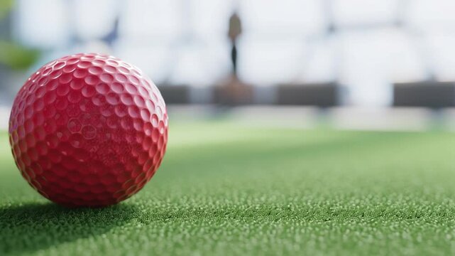 A red textured golf ball rests on a green as the lighting and background blur change slightly outdoors.