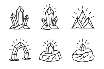 Crystalline Rock Vectors. Line vector icons of crystalline rock projections: faceted ridge outlines, gem-tipped protrusions,