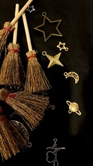 Witch brooms and magical symbols on black background occult charms, moon, stars and pentagram for mystical rituals and witchcraft