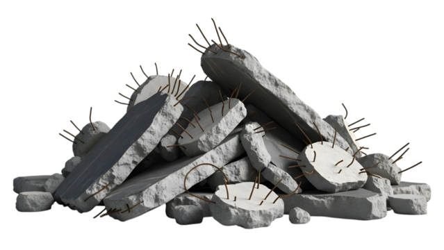 Pile of broken concrete slabs with exposed rebar fragments isolated on a transparent background rubble