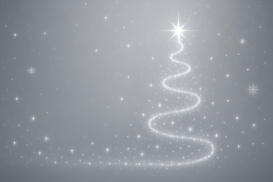 Magical Silver Christmas background with glowing light trails forming a spiral Christmas tree, star on top, sparkling particles flowing across the scene, Silver gradient backdrop. - Powered by Adobe