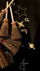Witch brooms and magical symbols on black background occult charms, moon, stars and pentagram for mystical rituals and witchcraft