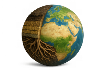 Earth globe showing cross section of soil layers, tree roots, green continents, and blue oceans on transparent background