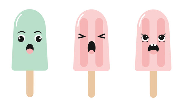 Three cartoon popsicles with different facial expressions on white background Keywords: popsicle, ice pop, frozen treat, dessert, sweet, summer, cold, refreshing, food, cartoon, character, funny