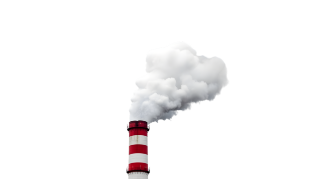 Red and white striped industrial chimney emitting white smoke against a dark background isolated on a transparent background