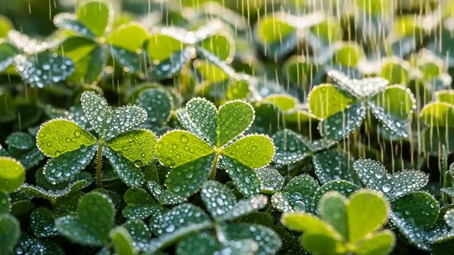 Macro rain on dew covered clover leaves closeup lush green nature footage for stock.