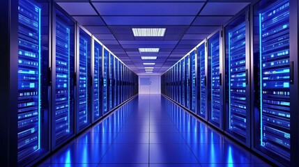 Large data center with rows of servers and blue lighting in a modern facility. Concept of IT industry and server cluster.