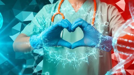 Male physician in scrubs and blue gloves making heart shape with hands with glowing DNA strands and molecular structures - Powered by Adobe