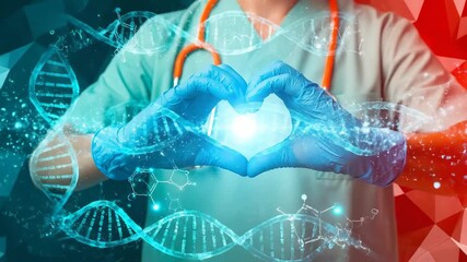 Medical professional in blue scrubs and gloves forms heart shape with hands over glowing light and DNA strand, healthcare concept - Powered by Adobe