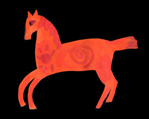 Red horse, Chinese 2026 New Year's symbol, isolated on a black background. Hand drawn Gouache painting