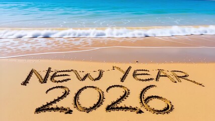 New Year 2026 celebration video frame on a sandy beach as waves gently wash ashore, a symbol of fresh beginnings and coastal charm high quality 4k video	
