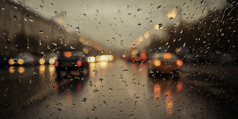 Heavy rain in the city. Image captured from a car windshield.