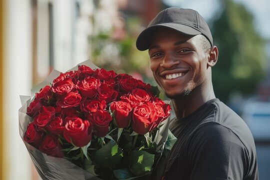Smiling african american delivery man holds large bouquet of red roses outside on a sunny day on the street