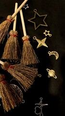 Witch brooms and magical symbols on black background occult charms, moon, stars and pentagram for mystical rituals and witchcraft