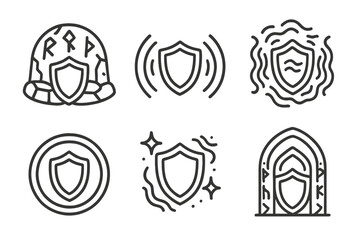 Ancient Shield Icons. Line style icons of ancient resonant shield: rune dome, echo defense, mystical vibrations, protective ring,
