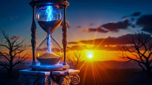 Hourglass with glowing blue sand on a broken pedestal showing time passing against a dramatic sunset sky with bare trees.