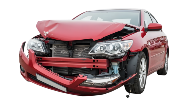 Red Sedan Front End Damage with Hood Open and Exposed Engine Components isolated on a transparent background