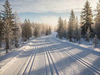 Winter landscape with snow-covered path and tall evergreen trees