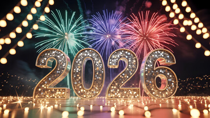 Glittering 2026 numbers illuminated against a backdrop of colorful fireworks and string lights