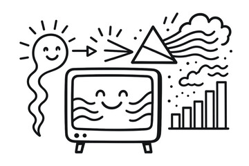 Naklejka premium Colorful Spectrograph Waves. Doodle-style vector illustration of spectrograph displaying cheerful light waves breaking into colors