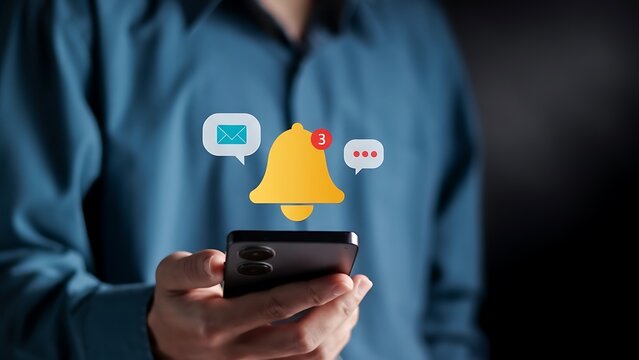 Person holding smartphone with notification icons: bell, email, and messages