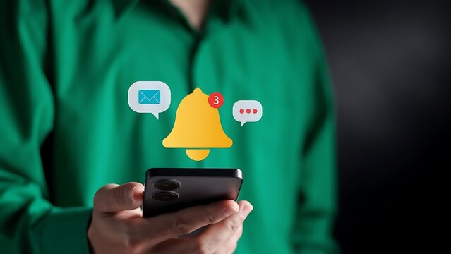 Person holding smartphone with notification icons: bell, email, and messages