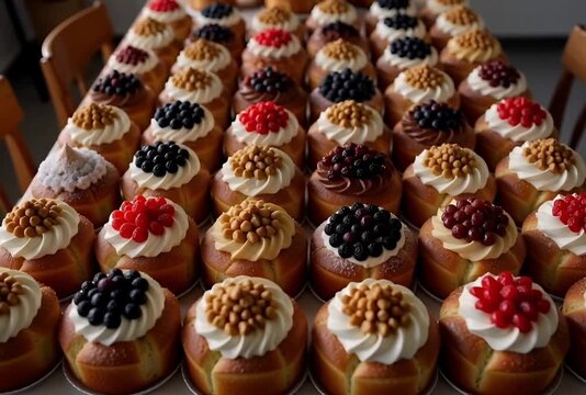Rows of sweet brioche buns topped with cream and various berries