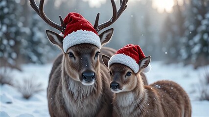 Closeup of a reindeer and its calf wearing santa cap living together in winter snowy land and representing Christmas