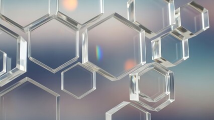 Abstract geometric arrangement of transparent hexagons creating a modern and futuristic design with light reflections and subtle color gradients for backgrounds