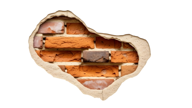 Rough textured orange brick wall visible through a torn plaster opening isolated on a transparent background